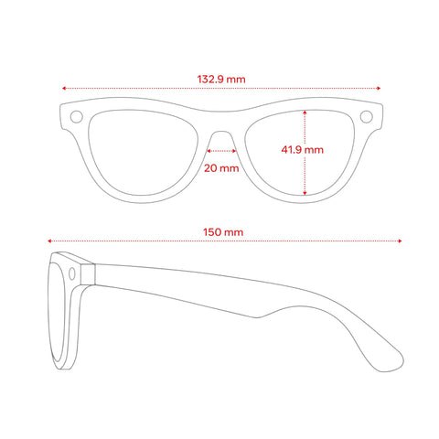 Dimensions of Meta Gen 2 Skyler Smart AI Glasses In Shiny Black For Men And Women With 2x Battery Life, 3K Ultra HD Resolution, 12 MP Ultra Wide Camera, Built In Audio, Hands Free Calls, And Polarized Gradient Graphite Lenses.