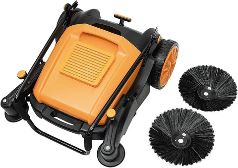 41.34 Inch Heavy Duty Manual Floor Sweeper With 14.53 Gal Dustbin For Outdoor Patios Driveways High Efficiency Hand Push Brush Sweeping Tool with two brushes.