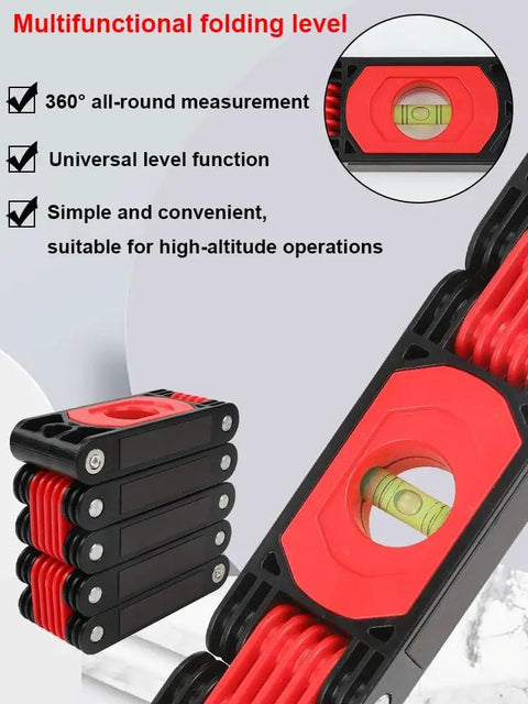 No Sweat 24 Inch Folding Level With Magnetic Aluminum Build, Four Crystal Clear Bubble Vials, Five Hinge Multi Angle Flex for tight corners.