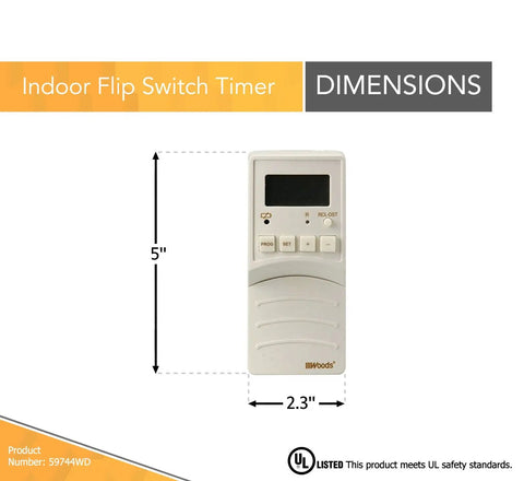 Product dimensions of Flip Switch Timer: 5" height, 2.3" width, showing easy setup for home lighting and energy savings.