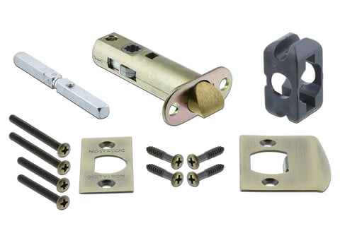 Components of Old School Charm Rosette and Deco Door Knob Set for Passage Doors, including latch and fittings.