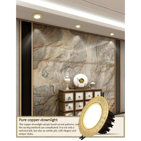 Top Shelf 9 Piece LED Recessed Downlights Featuring Round Brass Baffle Trims And Solid Copper Panels in modern decor setting.
