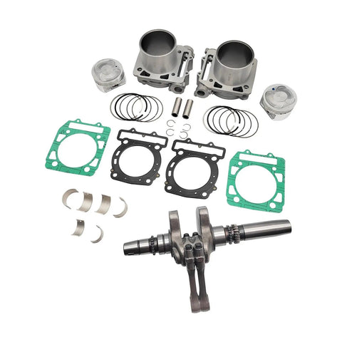Premium 800 Atv And Utv Engine Rebuild Kit Featuring Front And Rear Cylinder Kits With Iron Clad Crankshaft Bearings, disassembled parts.