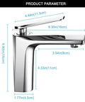 Solid Brass Bathroom Sink Faucet With Single Handle And Single Hole Design, Chrome Finish, Includes Supply Hose, side view with dimensions