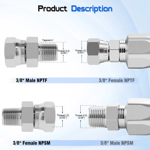 Hydraulic Swivel Adapter 3/8 NPTF Male To 3/8 NPSM Female Swivel Fitting 360 Degree Rotation For Ultimate Install Flexibility Heavy Duty Hydraulic Line Connector For Leak Free Performance, carbon steel