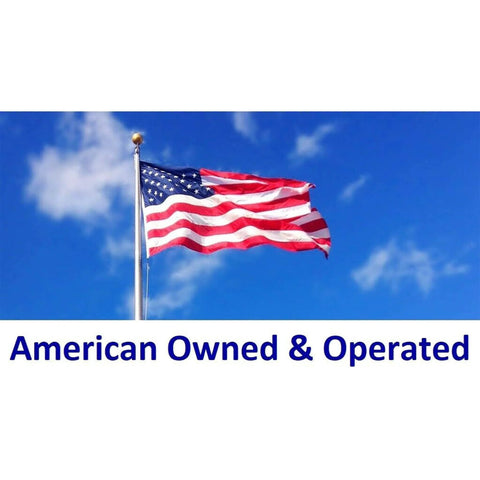 American flag waving against blue sky with text 'American Owned & Operated' at the bottom.