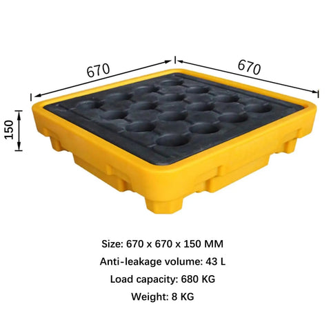 Heavy Duty HDPE Spill Containment Pallet With Anti Slip Tray Odorless Waterproof Platform Easy To Clean Chemical Resistant Spill Tray For Gas Stations And Offices 675x675x150mm with size details