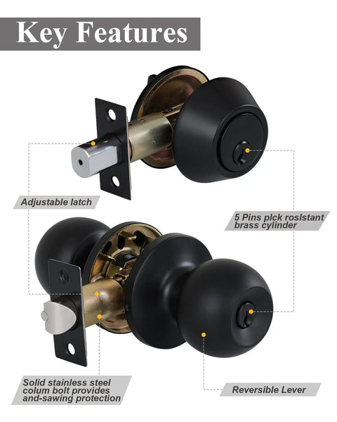 Locking Satin Nickel Door Knob Set With Keyed Entry Easy Install Hardware showing key features and design details
