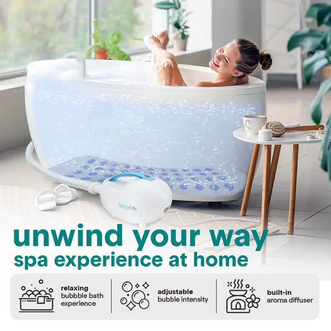 Woman relaxing in tub with Chill Spa Bath Mat Full Body Massager With Air Jets And Remote Control Portable Bubble Bath Mat
