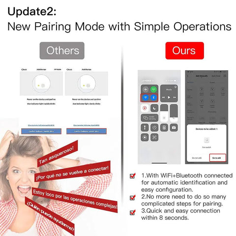 Side-by-side comparison of pairing modes for WiFi Smart Ceiling Fan Light Wall Switch With Remote Timer And Countdown Works With Alexa and Google