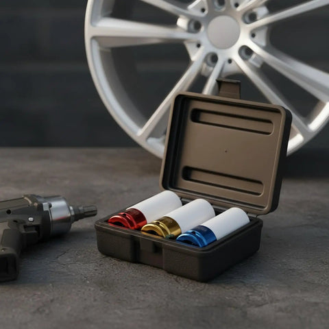 Premium Tire Protection Impact Socket Set With Coated Alloy Steel Lug Nut Rims For Wheel Maintenance, 5-Piece Kit Includes Storage Case To Keep Your Rides Clean And Safe From Scratches While Hitting The Road. 5-piece coated alloy steel sockets in case