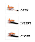 Top Shelf Hella Dependable 3 Conductor Wire Connectors For Solid Stranded Flexible Copper Cables No Sweat Wiring Space Saving Junction Box Splice Kit With Transparent Housing Compact Electrical Terminals 2500 Count Bulk Pack showing steps: open connector, insert wire, and close.