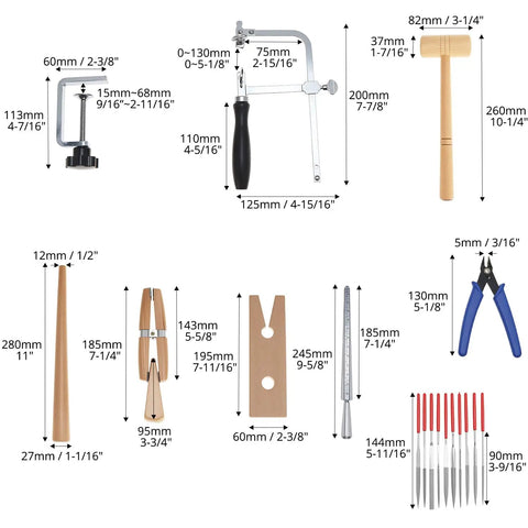 Badass Jeweler Toolkit Featuring Tough Saw Frame With 144 Cutting Blades Sturdy Bench Pin Clamp Ring Sizer Mandrel Needle Files Wire Snips And Steel Hammer For Serious DIY Jewelry Crafting Gear, detailed tool layout.