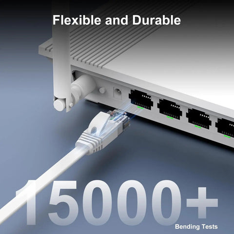 High Speed Ethernet Cable 25ft Indoor Outdoor Flat Patch Cable With Pure Copper Conductors, 10Gbps, connected to router port
