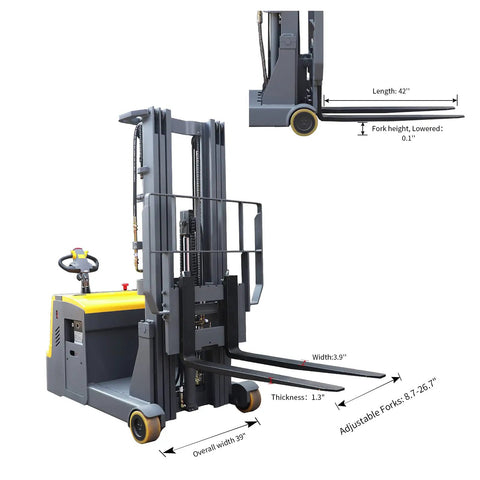 Heavy Hitter Electric Counterbalanced Stacker And Warehouse Material Lift Packing 3300 Lb Load, 177 Inch Max Height, Wide Forks, And Built Like Tank German Steel Mast side view with adjustable forks.