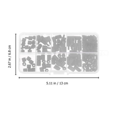 180 Pcs Nylon Screw Nut Kit With Hex Nylon Spacers And Standoffs in box, dimensions shown, durable industrial fasteners.