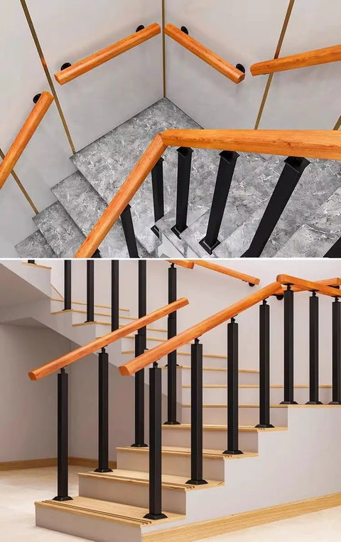 Adjustable Stainless Steel Railing Posts And Black Powder Coated Deck Railing Kit For Indoor Stairs Outdoor Porch Steps Floor Mount Baluster System with wood handrails.
