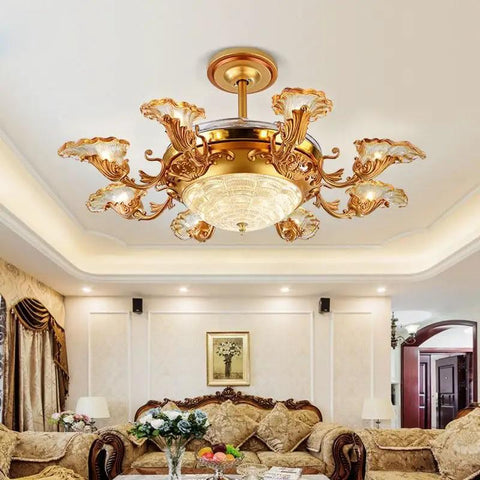 Luxury European Ceiling Fan Light With Remote Control And Invisible Blade Fan Chandelier In Trace Gold Finish Boasting 8 E27 Bulbs And 42 Inch Size For Epic Vibe, showcased in an elegant living room.