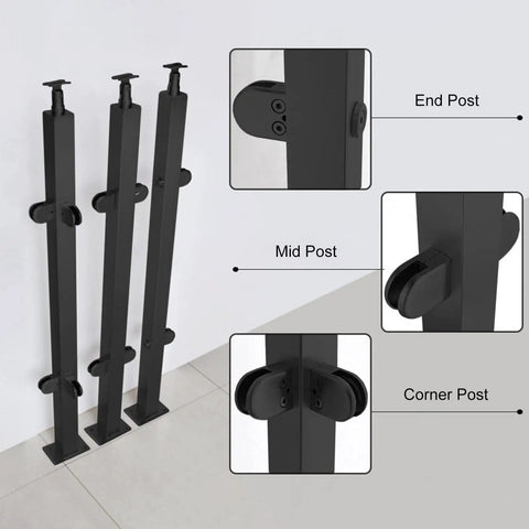 Heavy Duty Black Glass Railing Post For Stairs And Decks Square Stainless Steel Outdoor Handrail Bracket showing end, mid, corner post designs.