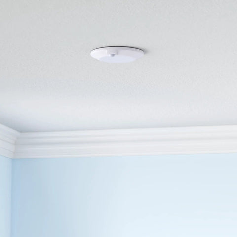 Motion Sensor LED Ceiling Light 120V 10W 5000K Daylight, Six Point Five Inch Flush Mount, installed in room with white ceiling
