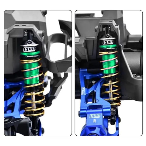 Close-up of Beefed Up Aluminum 87mm Front And Rear Shock Absorber Set For One Sixteenth Mini Maxx Four Wheel Drive RC Trucks Green