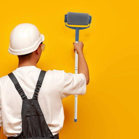 A person using an Extendable Paint Roller Kit With Adjustable Pole For Walls And Ceilings Offering No Sweat Coverage and Easy Breezy Application.