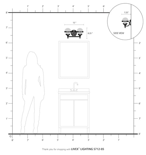 Technical diagram of Transitional Two Light Bath Vanity Fixture From Oldwick Collection In Polished Chrome Finish For Dope Bathroom