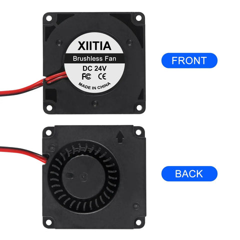 Top Shelf 6 Pack 4010 Blower Fan Dc 24v Turbo Cooling Module 40 By 40 By 10 Mm With Two Pin Lead, front and back view of black brushless fan.