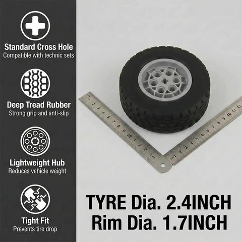 Top Tier Replacement Tires And Rims For Building Blocks 62 mm By 20 mm Rubber Wheels showing 2.4 inch tire and 1.7 inch rim, ideal for construction models.