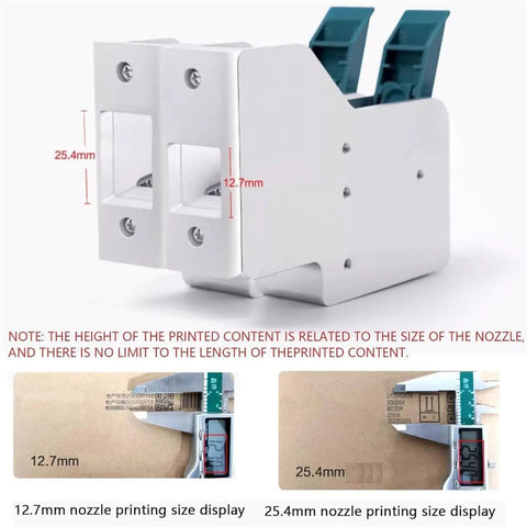 Pro Level Industrial Automatic Coding Machine And Label Printer Prints QR Codes Barcodes And Serial Numbers On The Fly With No Sweat Setup And Heavy Duty Assembly Line Reliability, showing nozzle sizes 12.7mm and 25.4mm.