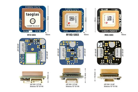 High Precision M10Q 5883 GPS GNSS and Compass Module top and side views with dimensions for drones and planes navigation.