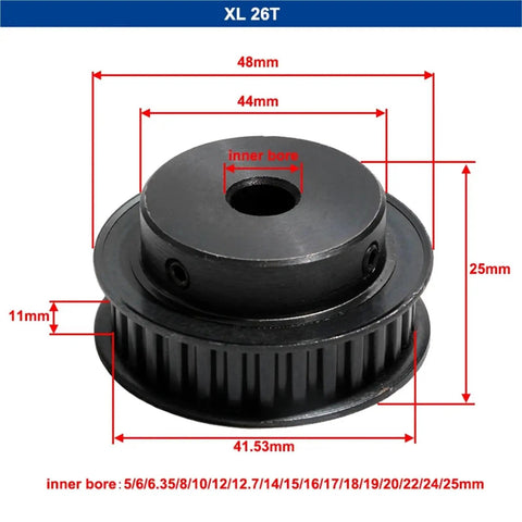 Top Shelf XL Timing Belt Pulley Wheel Featuring 25 Or 26 Teeth In Heavy Duty Black Steel BF build with dimensions shown.