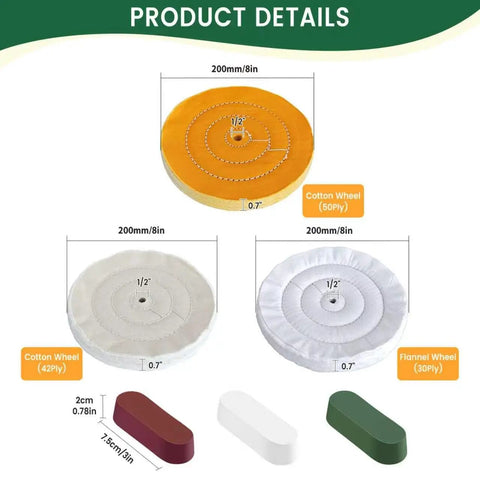 Top Shelf Eight Inch Buffing Polish Wheel Kit For Bench Grinders With Half Inch Arbor features 8in cotton and flannel wheels with compound bars.