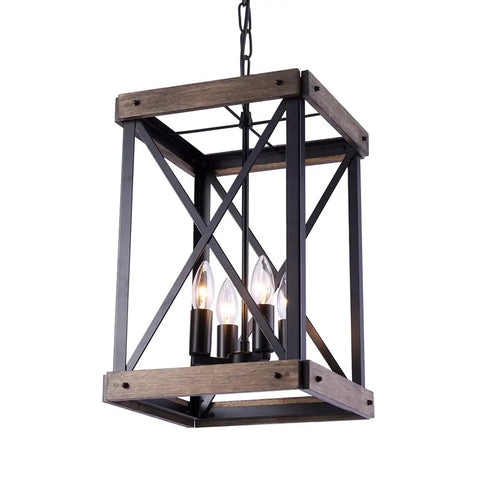 Four Light Wood Grain Black Cage Pendant Lamp For Kitchen Island And Dining Room, Rustic Farmhouse Style Hanging Light with metal frame.