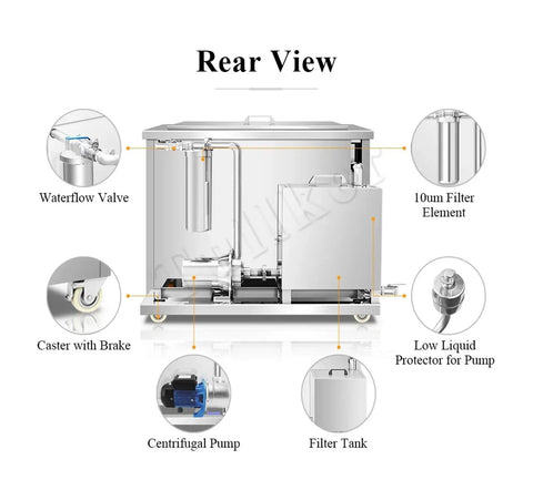 Rear view of Big 88 Gallon Digital Ultrasonic Parts Cleaner For Cars, Trucks And Bikes showing waterflow valve, filter tank, and pump.