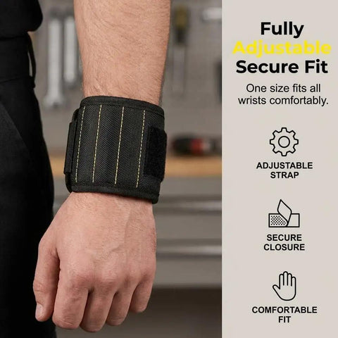 Adjustable Magnetic Wristband For Screws Nails And Small Tools Perfect For Mechanics Handymen And DIYers Keeps Tiny Parts Secure On Your Wrist For Quick Access And Faster Builds With Pro Grade Convenience. Black adjustable wristband with secure fit on wrist