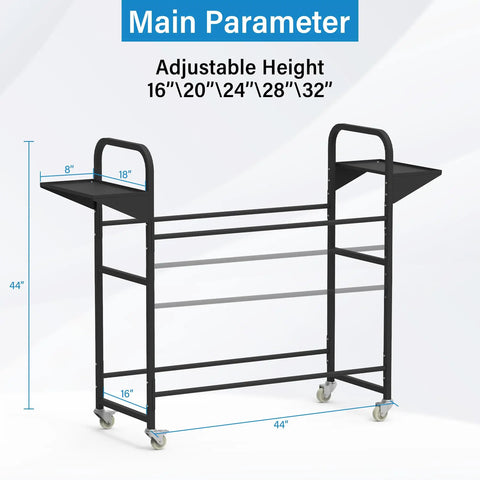 Ultimate Garage Game Changer Heavy Duty Tire Storage Rack dimensions, adjustable height 16 to 32 inches, sturdy steel frame at 44 inches.