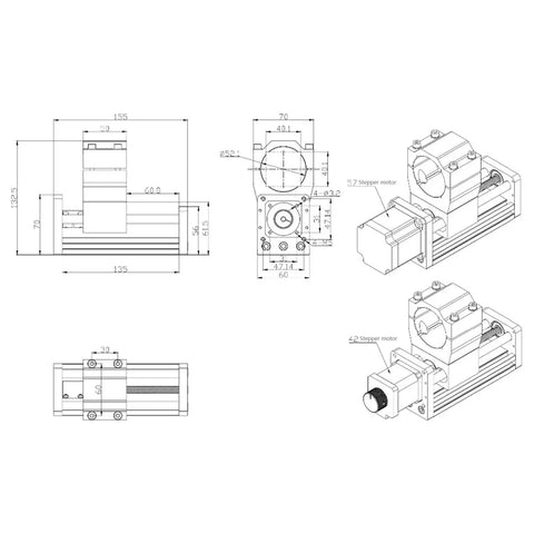 Technical diagram of Beefed Up Metal CNC Z Axis Stroke 85mm Sliding Table with Ball Screw Linear Slide Stage and T8 Lock Nut