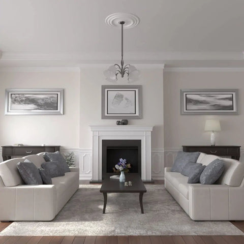 Living room with Ceiling Medallion With 32 5/8 Inch Diameter And 1 1/2 Inch Projection above elegant furniture arrangement.