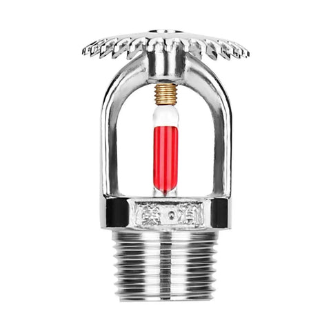 Eight Pack Heavy Duty Fire Sprinkler Heads 3 4 Inch Dn20 Solid Brass Chrome Plated 68 Degree Automatic Heat Trigger Built Different Top Tier Upward Ceiling Mount Setup close-up of chrome-plated sprinkler head with red heat indicator.