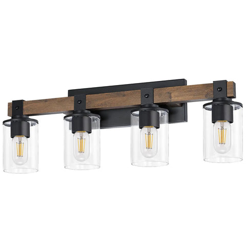 Farmhouse Vanity Light Fixture With Industrial Wood Wall Sconce And 4 Light Clear Glass Shades For Bathroom Hallway Kitchen Bedroom Antique Wood Finish Modern Rustic Home Decor