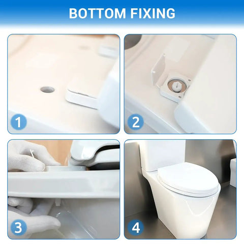 Round Toilet Seat 16.5 Inch Soft Close White Plastic With Rock Solid Mounting That Stays Put All Day Long Smooth Close Action Quick Install Job Total Bathroom Glow Up For Your Home installation guide showing bottom fixing steps.