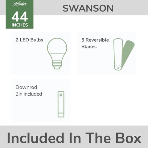 Package contents of 44 Inch Indoor Ceiling Fan With LED Light Bronze Finish Pull Chain 5 Blades Standard Mount For Bedroom Living Room Or Kitchen No Remote Energy Efficient Kickin Breeze including 2 LED bulbs, 5 reversible blades, and downrod.
