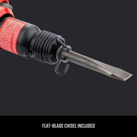 Close-up of Heavy-Duty Air Hammer Workhorse with Medium Stroke, showing the flat-blade chisel attachment for demolition use.