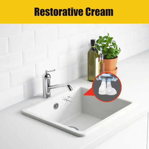 Fast Drying Tile Repair Glue Kit For Cracks And Chips On Tile Stone Porcelain Countertops And Bathtubs DIY Friendly displayed on white sink with visible crack repair example.
