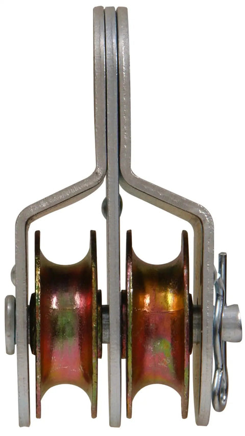 Pro Grade 1-1/2 Inch Double Sheave Fixed Pulley For 3/8 Rope crafted from durable zinc coated steel, showing sleek design and smooth sheave.