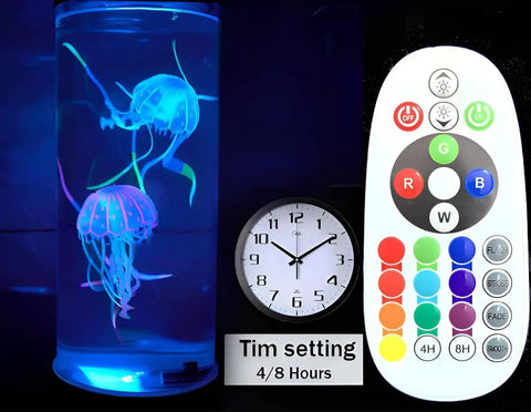 Large Jellyfish Lamp For Home Office Desk Decor Soothing Ocean Mood Light With Chill Vibe featuring floating faux jellyfish and remote.