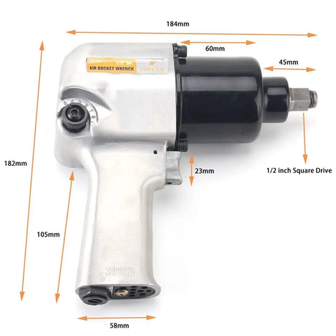 Pro Hustle 1/2 Inch Square Drive Air Impact Wrench Packing Beasty 720 Nm Torque side view with labeled dimensions and features.