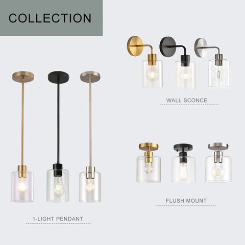 Collection of wall sconces and pendant lights in various finishes, featuring glass shades and metal fixtures, modern rustic style.