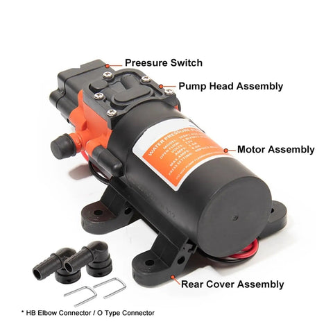 Top 1pc 35Psi 12V Self Priming Diaphragm Water Pump Motor for Boats showing motor and assembly details.